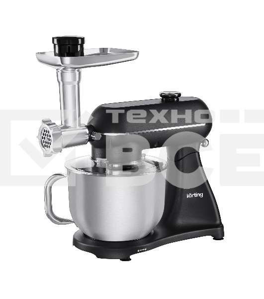 Кухонная машина KORTING KKM 0107 MB N, мощность 1500 Вт, 5 насадок, объем чаши 6.5 л, сенсорный дисплей/механическое управление, планетарное вращение, 11 скоростей, турборежим, импульсный режим, таймер, насадка для смешивания/крюк для теста/веничк/мясоруб