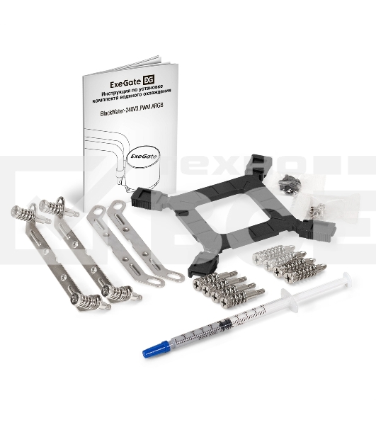 Комплект водяного охлаждения ExeGate BlackWater-120V3.PWM.ARGb (3 PIN 5V ADDRESSABLE RGb подсветка, LGA2066/2011/1366/1150/1151/1155/1156/1200/1700/1851/AM4/AM5/FM1/FM2/FM2+/AM2/AM2+/AM3/AM3+, TDP 150W, Fan 120мм 4pin PWM 600-1800RPM Hydro bearing, помпа 