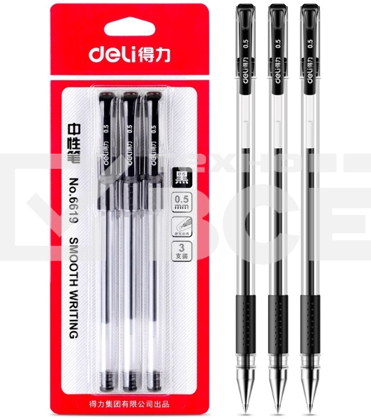 Набор ручек гелевых Deli 6619-BK прозрачный/черный, черные чернила, блистер (3шт), линия 0.5мм, резиновая манжета