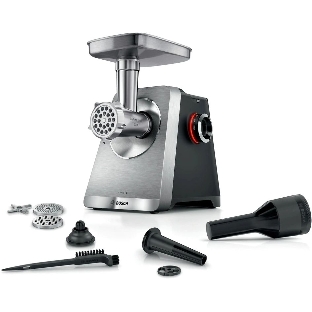 Мясорубка электрическая Bosch Series 8 MFWS820M черный, 2500 Вт, 4.5 кг/мин, реверс, защита от перегрузки, металлический лоток, насадки - 5
