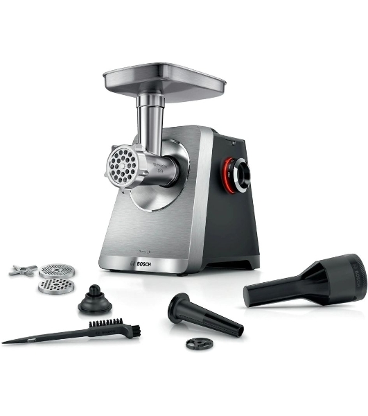 Мясорубка электрическая Bosch Series 8 MFWS820M черный, 2500 Вт, 4.5 кг/мин, реверс, защита от перегрузки, металлический лоток, насадки - 5