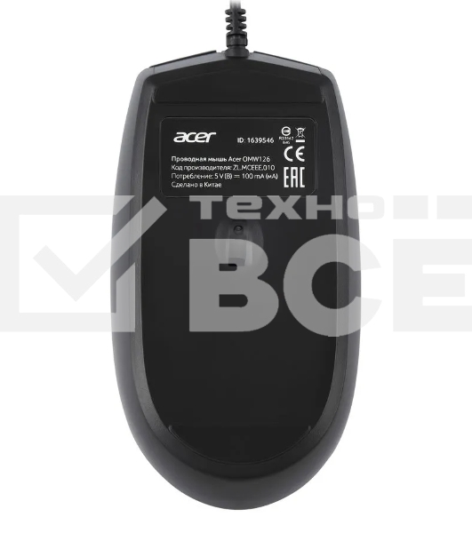 Мышь проводная Acer OMW126 черный, 1200 dpi, USB, кнопки - 3
