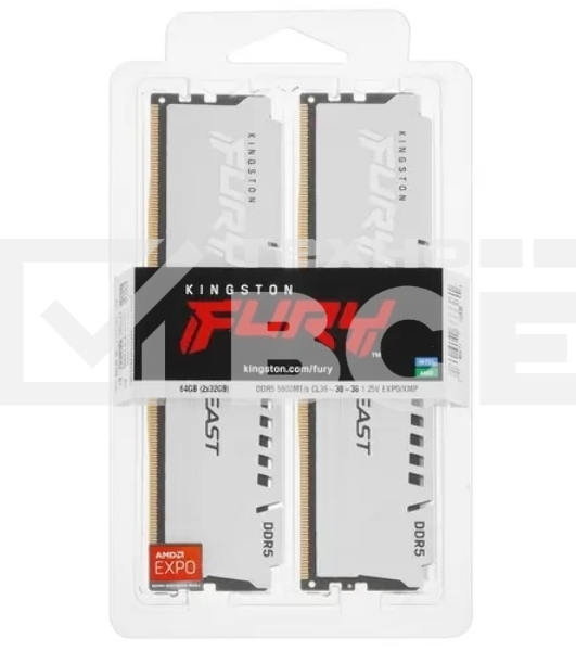 Оперативная память Kingston Fury Beast, DDR5, 64GB (2x32 GB), 5600 MHz, CL36, DIMM, радиатор, белый
