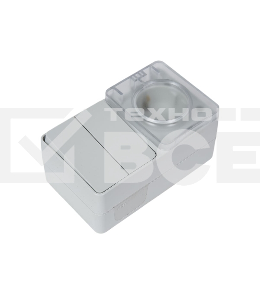 Блок открытого монтажа AtlasDesign PROFI IP54: розетка с заземлением со шторками 16А, выключатель 2-клав.10А, серый