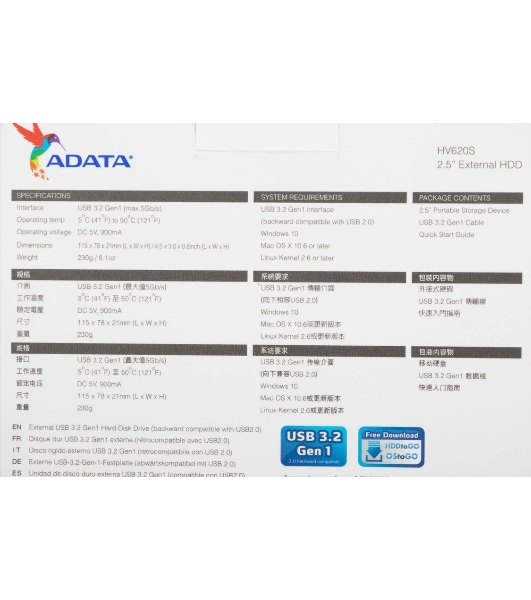Внешний HDD 2.5' ADATA HV620S, 4TB, USB 3.2 Gen 1 Type-A, 5400 rpm, черный