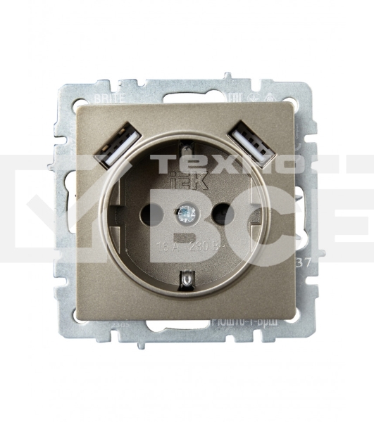Розетка 1-местная IEK BRITE РЮш10-1-БрШ (BR-R14-16-U21-D21-K37) 16А, с USB A+A 2.1А, с заземлением, с защитными шторками, шампань