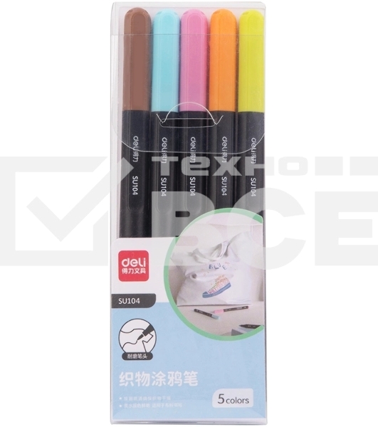 Фломастеры для ткани Deli SU104 круг. Невентилируемый для ткани 5цв. пастельные цвета ПВХ-бокс (5шт.)