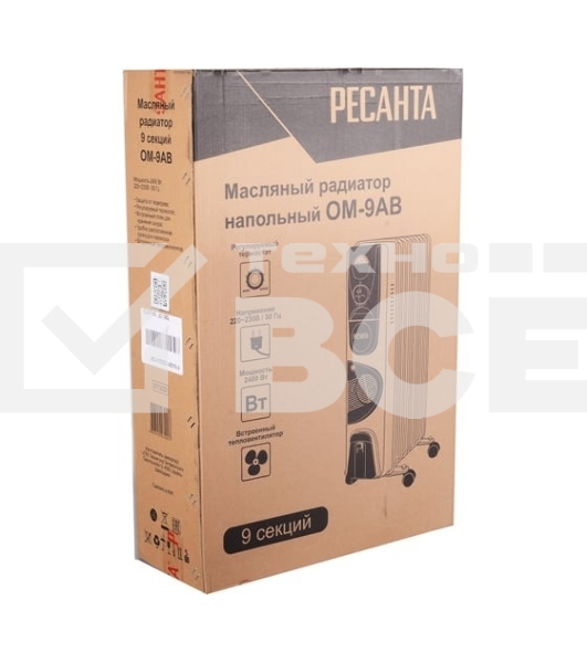 Масляный обогреватель Ресанта ОМ-9АВ (9 секций) белый, 2400 Вт, 30 м2, термостат 67/3/22