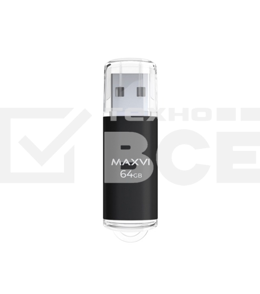 Флеш диск Maxvi MP 64GB USB 2.0 black, монолит с колпачком, металл + ABS пластик