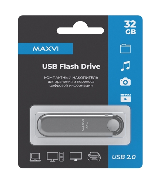 Флешка USB Maxvi P2 (FD32GBUSB20C10P2 silver), 32Gb, USB 2.0, R/W 12/5, серебристый