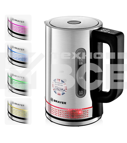 Чайник электрический BRAYER BR1060 2200 Вт, 1,7 л, стальной/черный