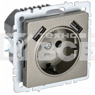 Розетка 1-местная IEK BRITE РЮш10-1-БрШ (BR-R14-16-U21-D21-K37) 16А, с USB A+A 2.1А, с заземлением, с защитными шторками, шампань