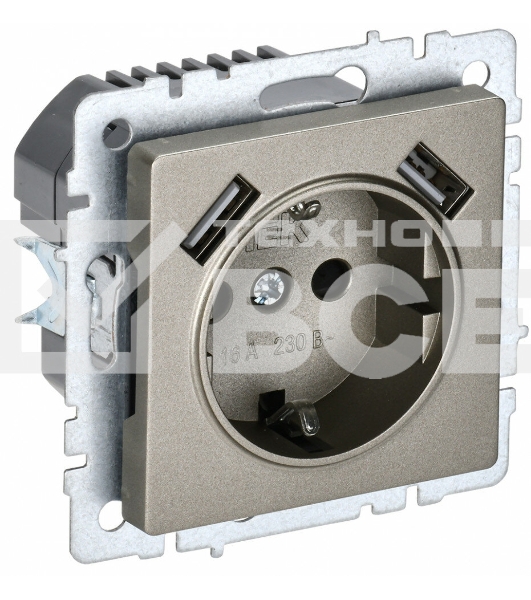 Розетка 1-местная IEK BRITE РЮш10-1-БрШ (BR-R14-16-U21-D21-K37) 16А, с USB A+A 2.1А, с заземлением, с защитными шторками, шампань