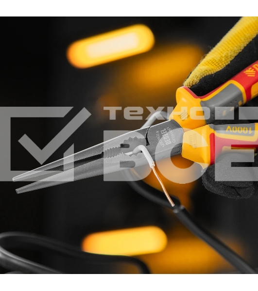 Длинногубцы прямые Denzel диэлектрические рукоятки до 1000 В, трехкомпонентные рукоятки, 205 мм