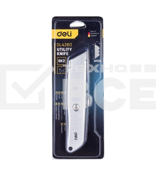 Универсальный нож с Т-образным лезвием Deli DL4260 19мм, длина 153 мм, в комплекте 3 лезвия SK5, алюминиевый корпус