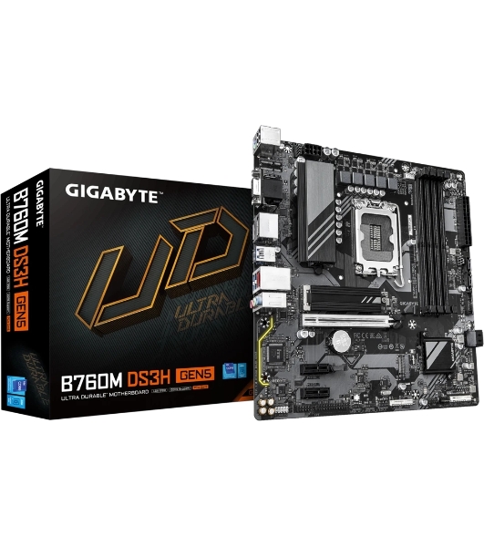 Материнская плата Gigabyte B760M DS3H GEN5, LGA 1700, Intel B760, 4xDDR5, 4xSATA, 2xM.2, 1xPCIe 5.0 x16, 2xPCIe 3.0 x1, 1xVGA, 1xHDMI, 2xDP, 1x2.5Gb LAN, 1xUSB-C 10Gbps, 3xUSB-A 5Gbps, 2xUSB-A 2.0, 1xPS/2, 3x3.5 мм, 7.1, mATX