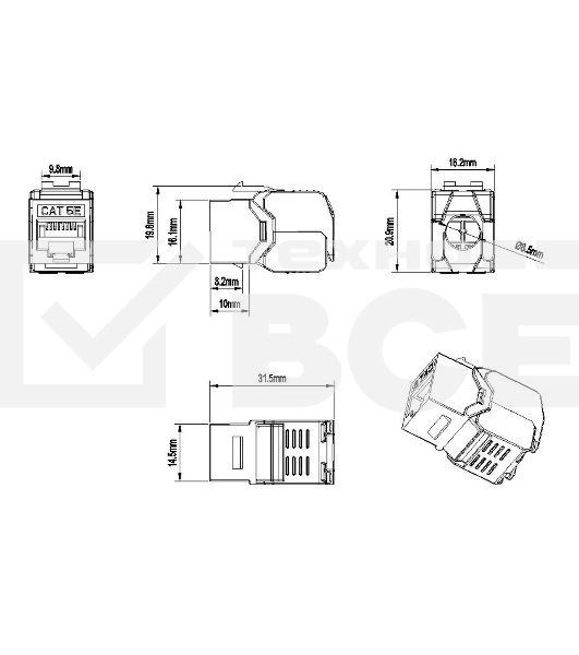 Модуль универсальный Hyperline KJ8, keystone, 1хRJ45, 180°, кат. 5е, неэкр., цвет: белый