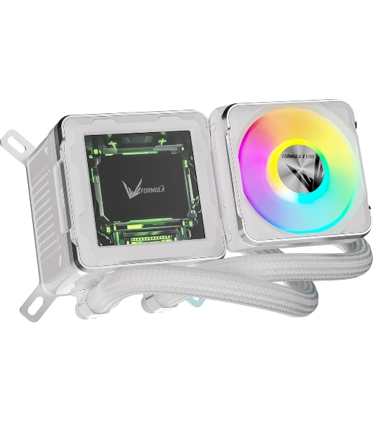 Система жидкостного охлаждения Formula V Line Cryo Wing Digi 240 WH, 240мм, LCD 2.73', 2x120мм, ARGB fans, LGA115X/1200/1700/1851/1366/2011/2066, AM3/AM4/AM5/Ryzen3/Ryzen5/Ryzen7/Threadripper/RT4