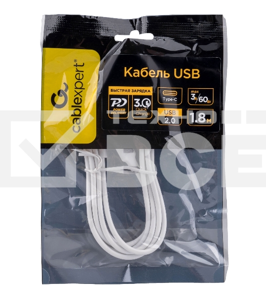 Кабель USB2.0 Cablexpert CC-USB2-CMCM-60-1.8M-W, Type-C/Type-C, 3A, 60Вт, PD/QC3.0, медь, 1.8м, белый, пакет