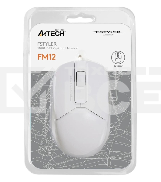 Мышь проводная A4Tech Fstyler FM12 белый, 1200 dpi, USB, кнопки - 3