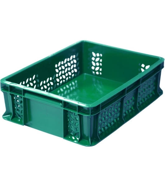 Ящик ТАРА.РУ 701.02.02 400х300х120мм дно сплошное, стенки перфорированные, с внешней ручкой зелёный 18584