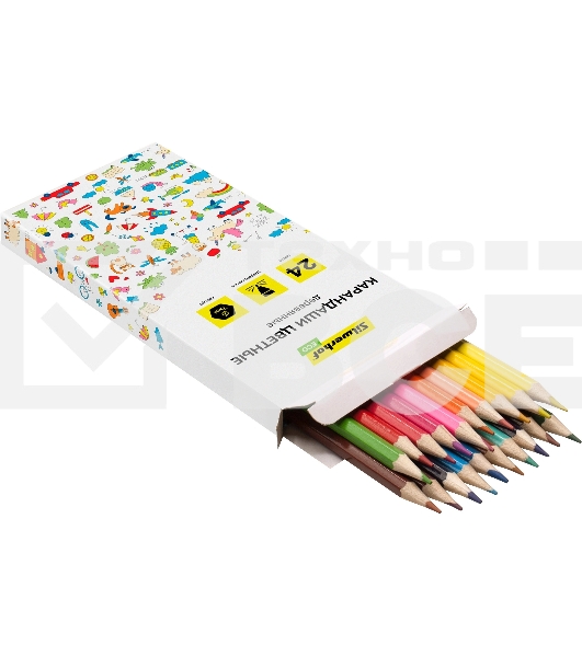 Карандаши цветные Silwerhof Eco 2.65мм, шестигранный профиль, дерево, ассорти, 24 цвета, коробка с европодвесом