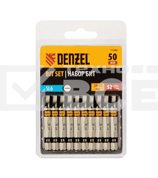 Набор бит Denzel SL6,0х50, сталь S2, шестигранный профиль, 10 шт.