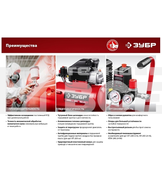 Компрессор воздушный безмасляный, 200 л/мин, 6 л, 1500 Вт, Зубр