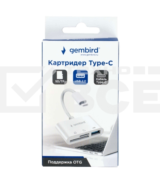 Кард-ридер Gembird FD2-MSD-2/белый/SD/SDHC/SDXC/TF/MicroSD/USB 2.0/USB Type-C (2.0)/пластик