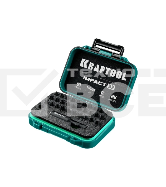 Набор бит ударных торсионных Kraftool Impact 32, Cr-Mo-V-Nb,высокоточ.шлицы,ударопр.супербокс, защита от пыли и влаги для надежн хранен 26066-H32
