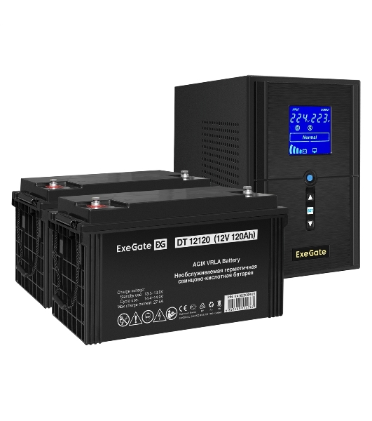 Комплект Источник бесперебойного питания EX295988RUS + батарея 120Aч EX282988RUS 2шт (инвертор, синус, для котла) ExeGate SineTower SZ-1500.LCD.AVR.2SH.1C13.USB <1500VA/1200W, чистый синусоида, LCD дисплей, AVR, 2хSchuko+1хC13, USB, линейно-интерактивный, черный> + батарея ExeGate DT 12120 (12В, 120Ач) 2шт