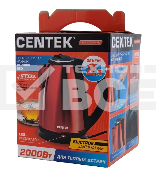 Чайник Centek CT-1068 RED (красный) металл 2л, 2000W, хромированная вставка на крышке