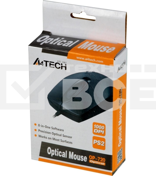 Мышь проводная A4Tech OP-720 черный, 1000 dpi, PS/2, кнопки - 3