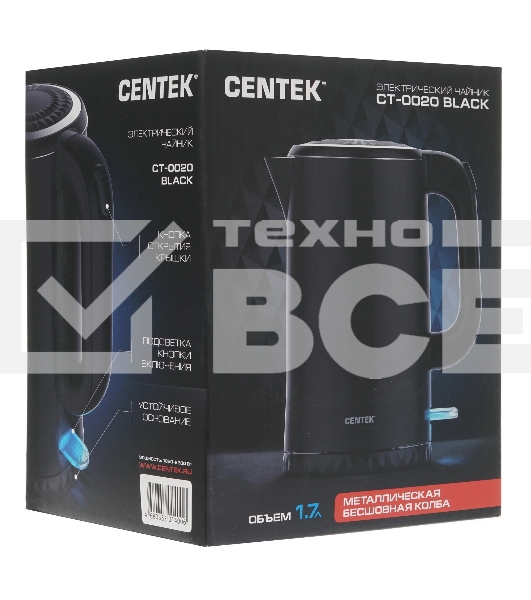Чайник электрический Centek CT-0020 черный металл 1.7л, 2200W, бесшовная колба, двойные стенки