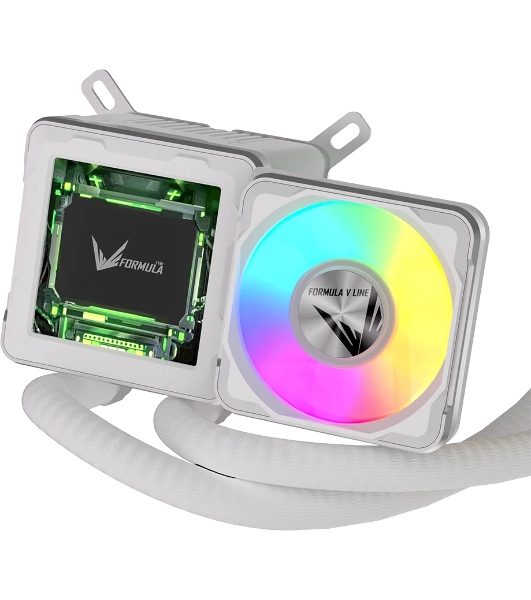 Система жидкостного охлаждения Formula V Line Cryo Wing Digi 240 WH, 240мм, LCD 2.73', 2x120мм, ARGB fans, LGA115X/1200/1700/1851/1366/2011/2066, AM3/AM4/AM5/Ryzen3/Ryzen5/Ryzen7/Threadripper/RT4