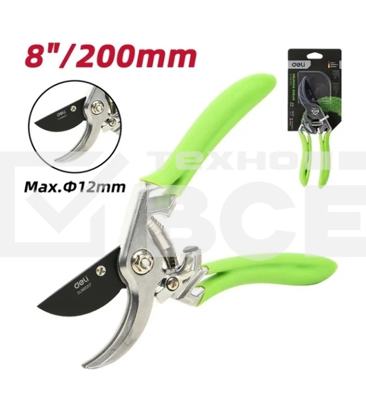 Секатор садовый Deli DL580207 цельнокованный, лезвия с тефлоновым покрытием, длина 215мм, макс. диаметр резки 12мм, сталь SK5
