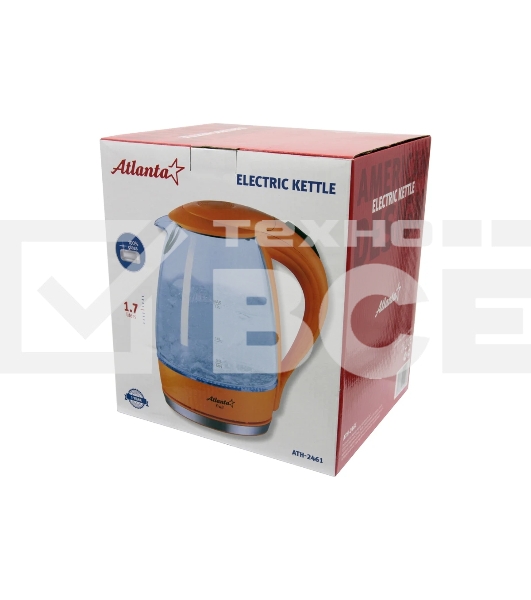 Чайник электрический ATLANTA ATH-2461 оранжевый, стекло, 1,7 л, 2000 Вт, иллюминация