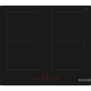 Индукционная варочная панель Bosch PVQ61RHB1E Serie 4, cтеклокерамика, черная, ширина 60 см, 4 индукционных зоны нагрева, в т.ч. с возможностью объединения в 2 зоны CombiZone таймеры прямого и обратного отсчета, таймер отключения всех конфорок, индикация остаточного тепла, блокировка от детей