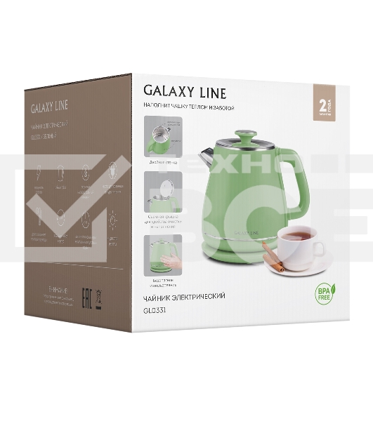 Чайник электрический Galaxy Line GL 0331, зеленый, пластик, двойная стенка из нержавеющей стали AISI 304 и пищевого пластика, 2200 Вт, 1,8 л, индикатор работы