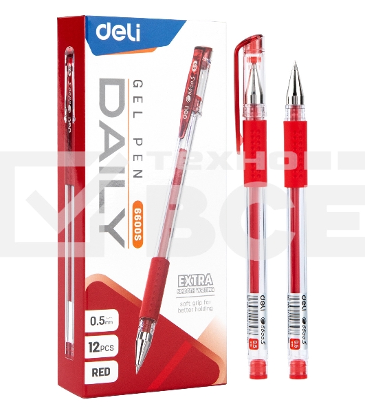 Ручка гелев. Deli Daily E6600SRed прозрачный d=0.5мм красн. черн. резин. манжета