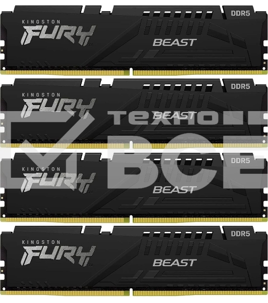 Оперативная память Kingston Fury Beast, DDR5, 128GB (4x32GB), 5200MHz, CL40, DIMM, радиатор, чёрный