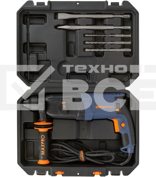 Перфоратор монтажный MAX-PRO MPRH800/26VP 800Вт, 0-1100 об/мин, 2,8 Дж, 3 режима, Д/Б/М-30/26/13, 3,4 кг, SDS-PLUS, антивибрационная ручка, резиновые вставки, рез