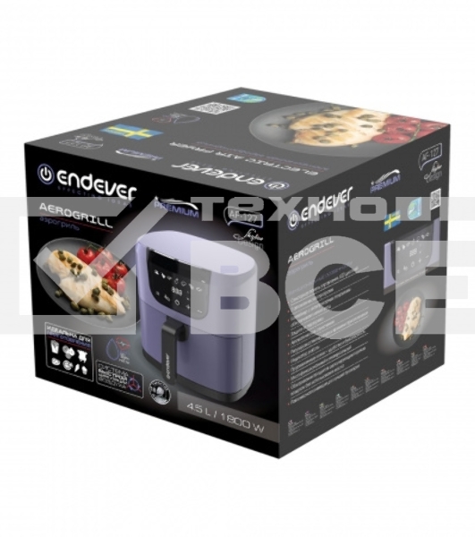 Аэрогриль Endever Skyline AF-127, фиолетовый, мощность 1800 Вт, объем 4,5 л, 7 авторежимов, температура 80-200 С, 2 шт/уп.