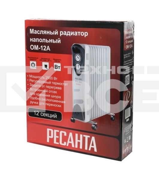 Масляный обогреватель Ресанта ОМ-12А (12 секций), белый, 2500 Вт, 30 м2, термостат 67/3/21