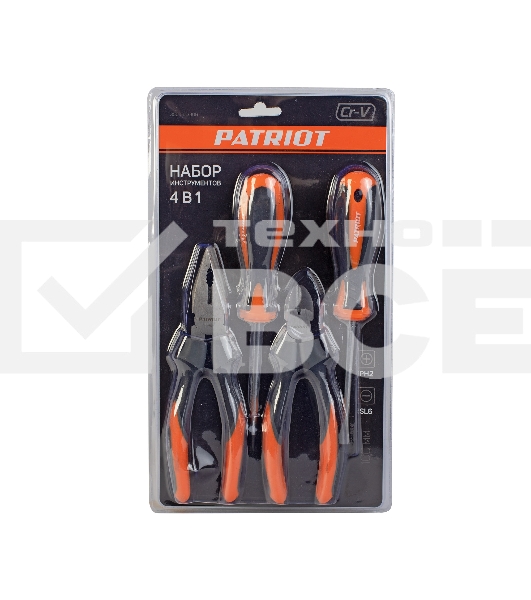 Набор инструментов Patriot 4 в 1 SPS-4: отвертки SL6*100, PH2*100, пассатижи 180мм, кусачки 160мм