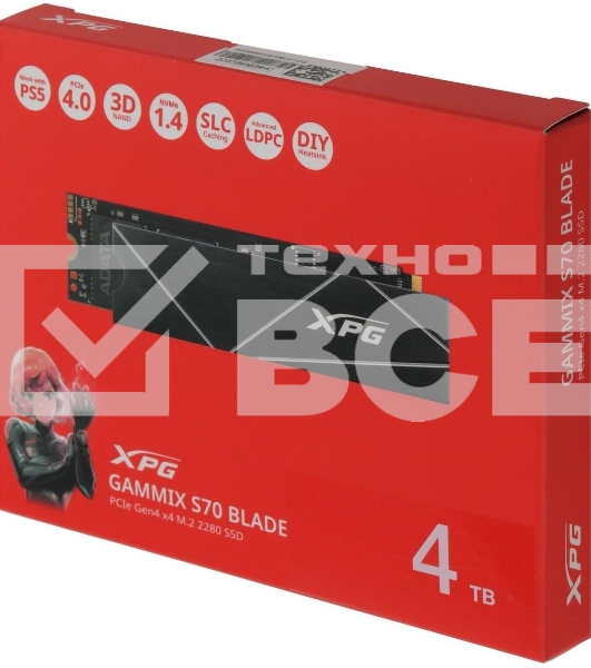 Накопитель SSD ADATA XPG BLADE S70, 4Tb, PCIe 4.0 x4, M.2 2280, NVMe, R/W 7400/6600, с радиатором