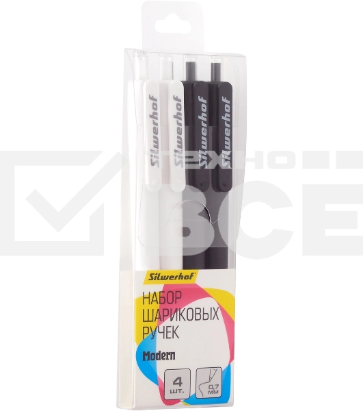 Набор ручек шариковых автоматическая Silwerhof NG Modern, d=0.7мм, синие чернила, блистер с европодвесом (4шт)