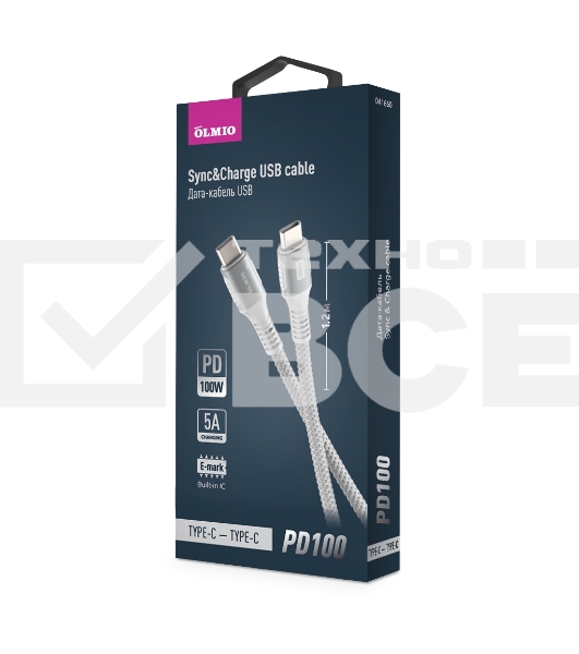 Кабель OLMIO PD100, Type-C - Type-C, PD 100W, USB2.0, 1.2м, тканевая оплетка, белый