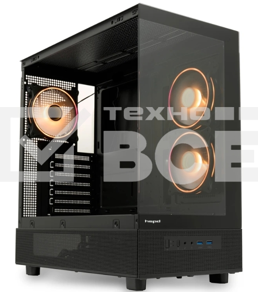 Компьютерный корпус HSPD F710, Panoramic Mid Tower, черный, TG, 0.5 SPCC, 3x120мм ARGb E-ATX, ATX, mATX, mITX 185/395/270мм 2x2.5
