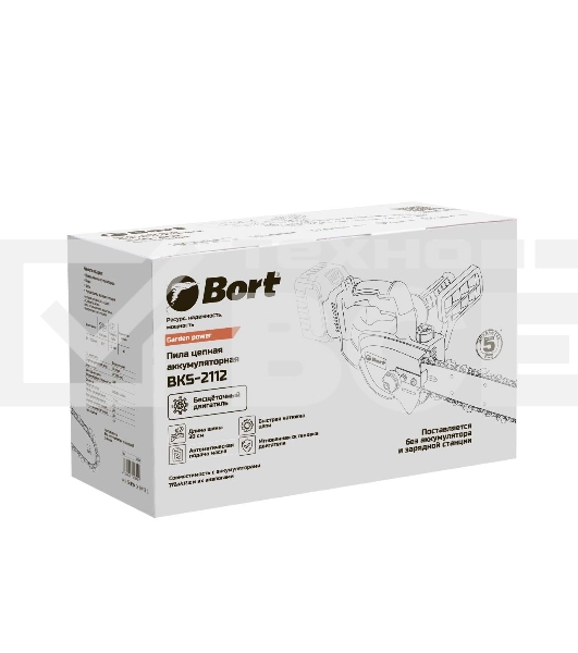 Цепная пила аккумуляторная Bort BKS-2112 18В Li-Ion, Makita 18V LXT, шина 305мм, Бесщеточный, Шаг цепи, дюйм 3/8, холостого хода, об/мин 0-3 400, вес 2 кг, БЕЗ АКБ И ЗУ [93418422]